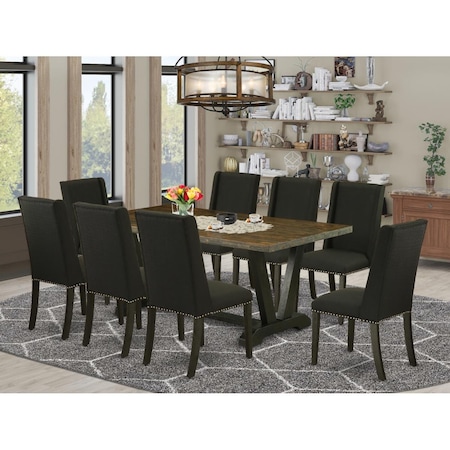 East West Furniture 9 Piece V-Style Dining Room Table Set - Black V677FL624-9